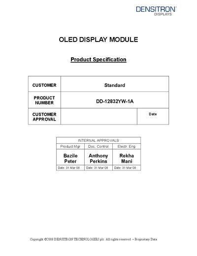 Densitron DD-12832YW-1A OLED Display Module Product Specification - cover page