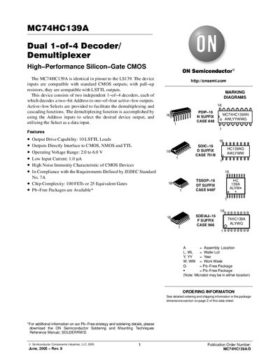 ON Semiconductor MC74HC139A Dual 1‑of‑4 Decoder/Demultiplexer Datasheet - cover page