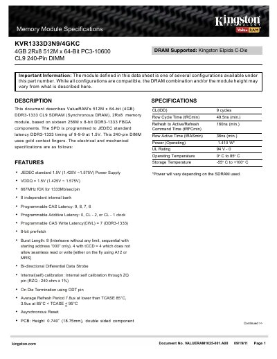 ValueRAM KVR1333D3N9/4GKC DDR3-1333 CL9 4GB 2Rx8 Memory Module Datasheet - cover page