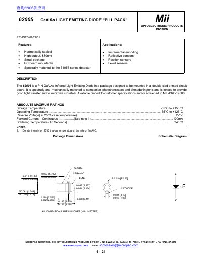 Micropac 62005 GaAlAs Light Emitting Diode Pill Pack Datasheet - cover page
