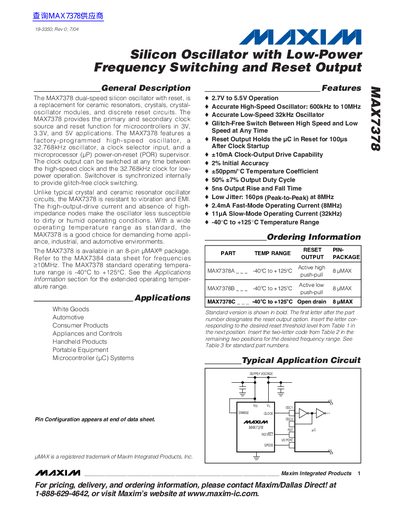 Maxim MAX7378 Silicon Oscillator Datasheet