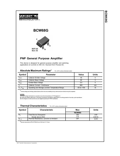Fairchild BCW68G PNP General Purpose Amplifier Datasheet - cover page