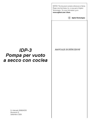 Agilent IDP-3 Dry Scroll Vacuum Pump User Manual - cover page