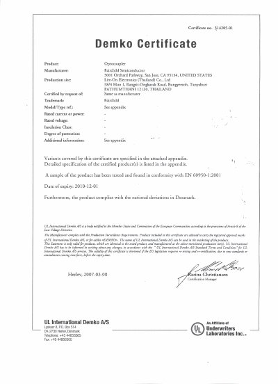 UL international demko certificate A/S SC_D314205-01  - cover page