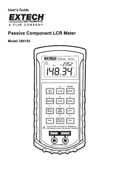 Extech 380193 Passive Component LCR Meter User's Guide - cover page