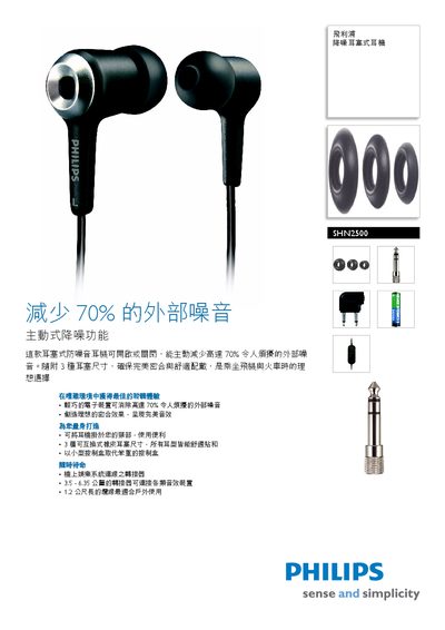 Philips SHN2500 Noise Reduction Earbud Manual - cover page