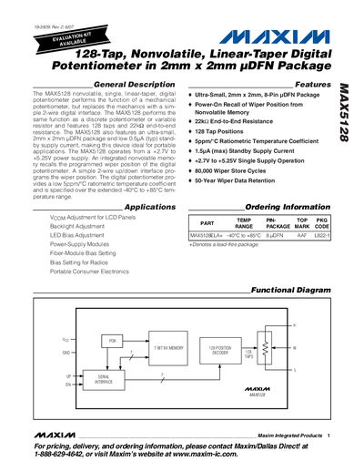 Maxim MAX5128 128‑Tap Nonvolatile Linear‑Taper Digital Potentiometer Datasheet - cover page