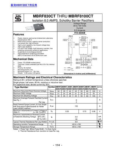 TSC MBRF830CT Through MBRF9200CT Barrier Rectifiers Datasheet - cover page