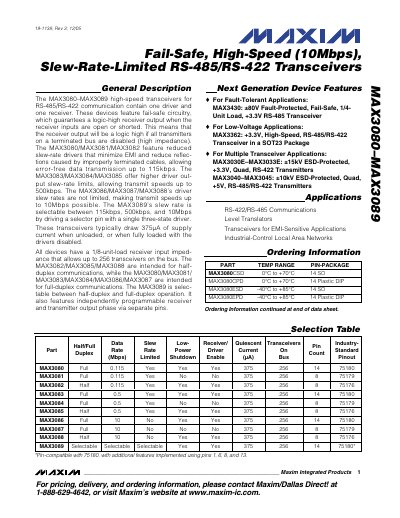 Maxim Integrated MAX3080–MAX3089 RS-485/RS-422 Transceivers Datasheet - cover page