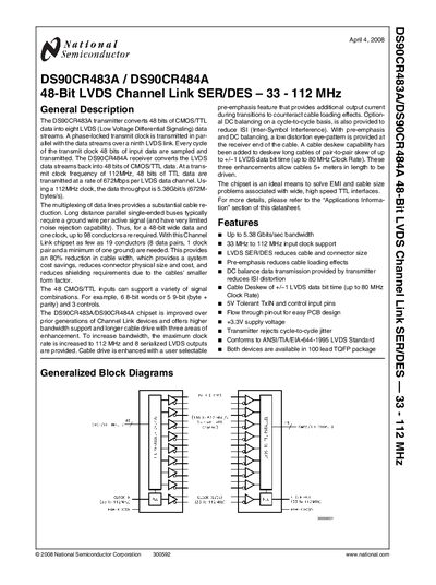 NATIONAL SEMICONDUCTOR DS90CR483A DS90CR484A 48-Bit LVDS Channel Link SER/DES 33 - 112 MHz Manual - cover page