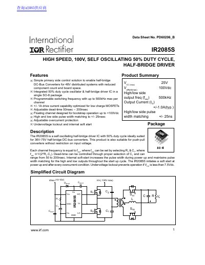 International Rectifier IR2085S Half-Bridge Driver Datasheet - cover page