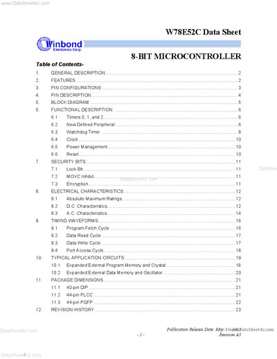  winbond electron corp 8-BIT MTP MICROCONTROLLER W78E52C Manual - cover page