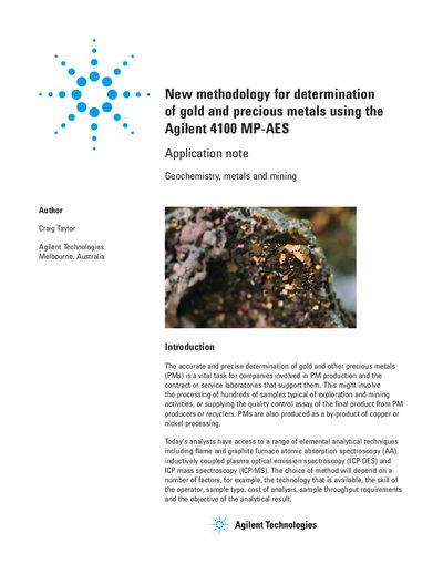 Agilent 4100 MP-AES Application Note for Gold Determination - cover page