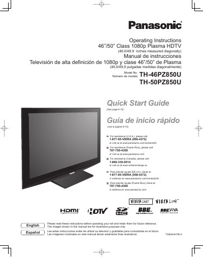 Panasonic TH-46PZ850U/TH-50PZ850U Plasma HDTV Operating Instructions - cover page