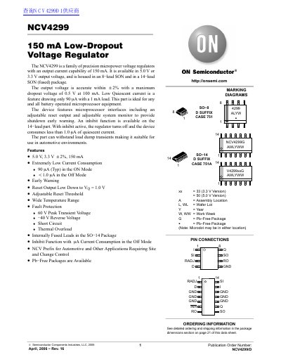 ON Semiconductor NCV4299 150 mA Low Dropout Voltage Regulator Datasheet - cover page