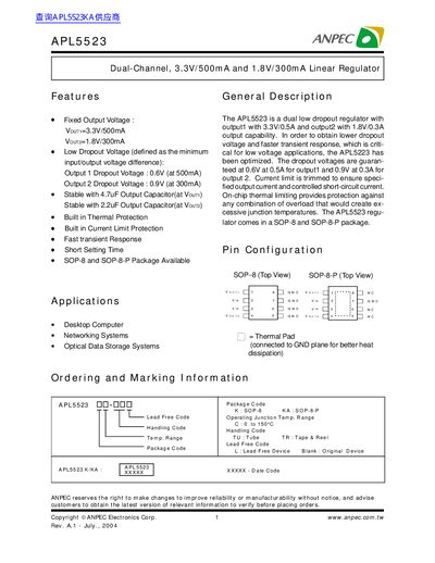 ANPEC APL5523 Dual-Channel Linear Regulator Datasheet - cover page