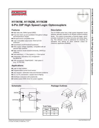 Fairchild Semiconductor H11N1M High Speed Logic Optocoupler Datasheet - cover page