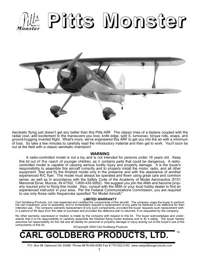 Carl Goldberg Products Pitts Monster ARF Assembly and Operation Manual - cover page