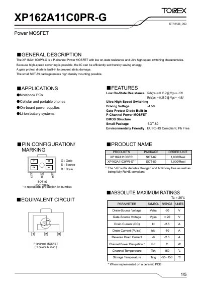 Torex XP162A11C0PR-G Power MOSFET Datasheet - cover page