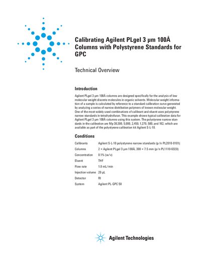 Agilent PLgel 3 µm 100A Columns Calibration Technical Overview
