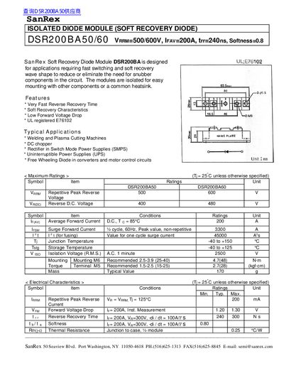 SanRex DSR200BA50/60 Isolated Diode Module Datasheet - cover page