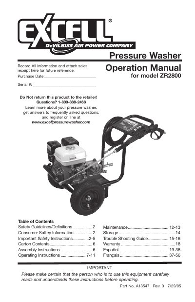 Devilbiss ZR2800 Pressure Washer Operation Manual - cover page