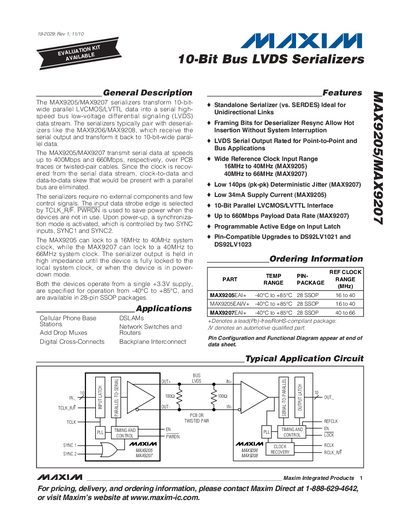 Maxim MAX9205/MAX9207 10‑Bit Bus LVDS Serializer Datasheet - cover page