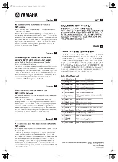 Yamaha 02R96 VCM Digital Mixing Console Extra Effects List - cover page