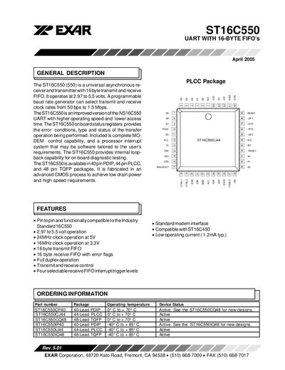 EXAR ST16C550 UART with 16-Byte FIFO Handbook - cover page
