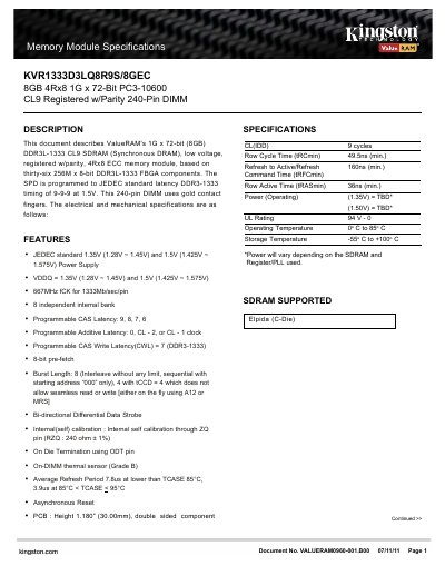 ValueRAM KVR1333D3LQ8R9S/8GEC DDR3L Registered ECC Memory Module Datasheet - cover page