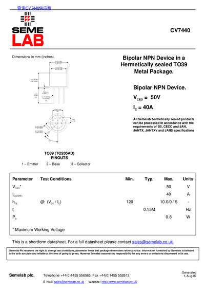SEME LAB CV7440 Bipolar NPN Device in a Hermetically sealed TO39 Metal Package - cover page