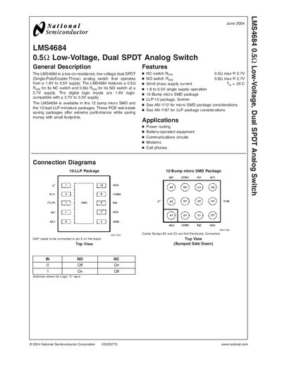 National Semiconductor LMS4684 Low-Voltage Dual SPDT Analog Switch Datasheet - cover page