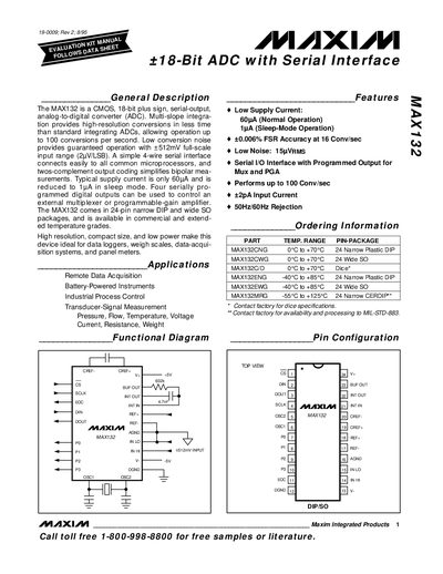 Maxim MAX132 18‑Bit ADC Datasheet - cover page