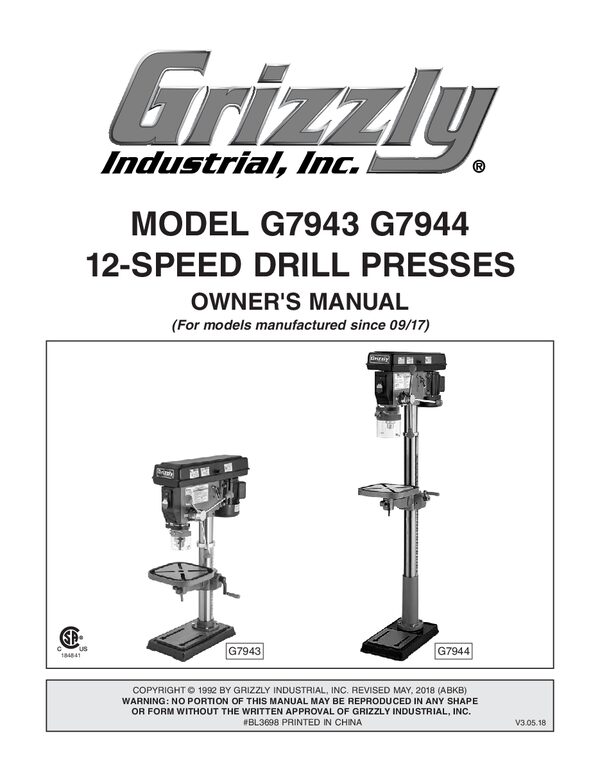 Grizzly G7943/G7944 12-Speed Drill Press Owner's Manual - cover page