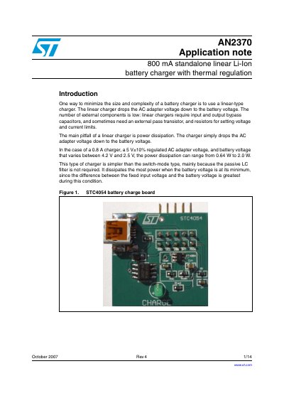 STMicroelectronics AN2370 STC4054 Application Note - cover page