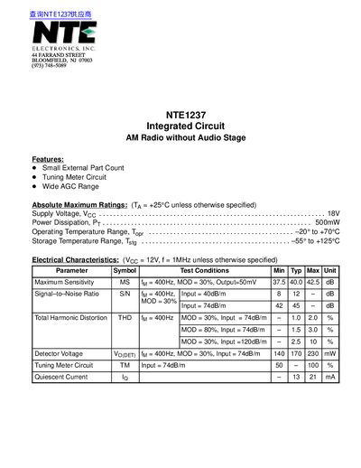 NTE Electronics NTE1237 Integrated Circuit AM Radio without Audio Stage Datasheet - cover page
