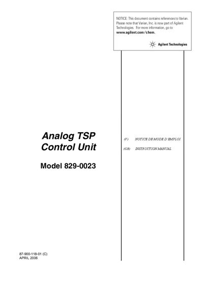 Agilent Technologies Analog TSP Control Unit Model 829-0023 User Manual - cover page