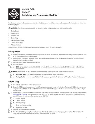Pelco Endura C1678M Installation and Programming Checklist - cover page