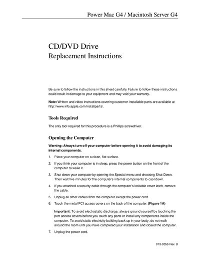 Apple Power Mac G4 CD/DVD Drive Replacement Instructions - cover page