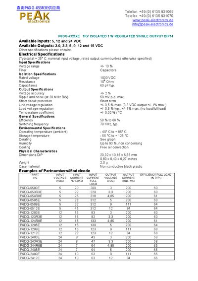 PEAK P6DG-XXXXE 1KV Isolated 1W Regulated Single-Output DIP14 Datasheet - cover page