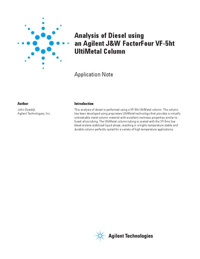 Agilent J&W FactorFour VF-5ht UltiMetal Column Application Note for Diesel Analysis - cover page
