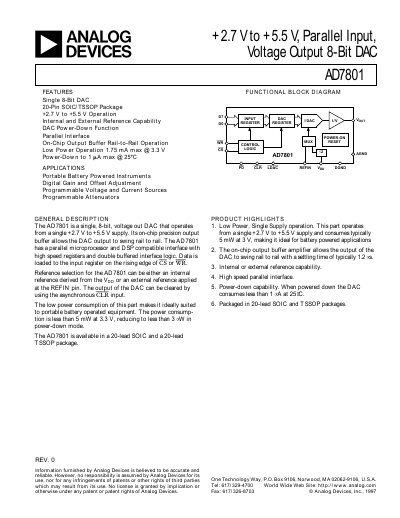 Analog Devices AD7801 8‑Bit DAC Datasheet - cover page