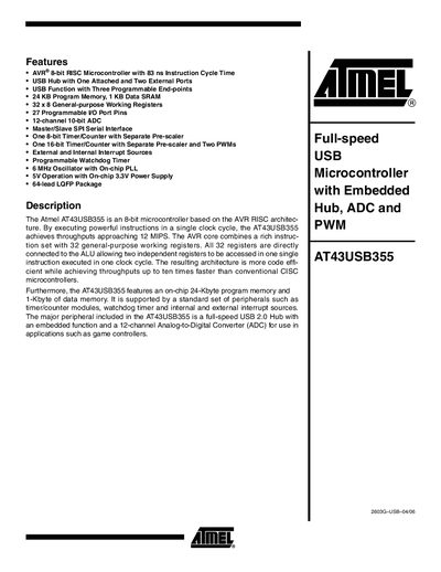 Atmel AT43USB355 Microcontroller Handbook - cover page