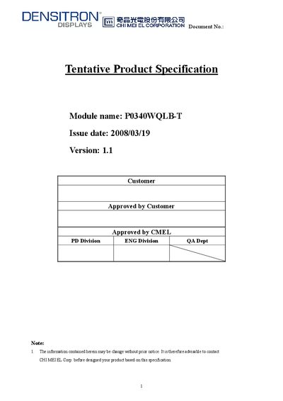 Densitron P0340WQLB-T OLED Module Specification - cover page
