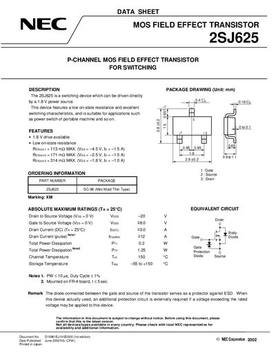 NEC 2SJ625 P-Channel MOSFET Datasheet - cover page
