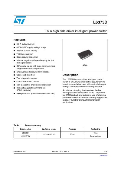 STMicroelectronics L6375D Intelligent Power Switch Datasheet