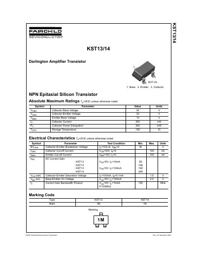 Fairchild Semiconductor KST13/14 Darlington Amplifier Transistor Datasheet - cover page
