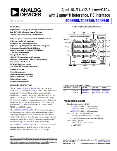 Analog Devices AD5694R Quad 12‑Bit nano DAC+ Data Sheet - cover page