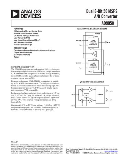 Analog Devices AD9058 Dual 8‑Bit 50 MSPS A/D Converter Datasheet - cover page