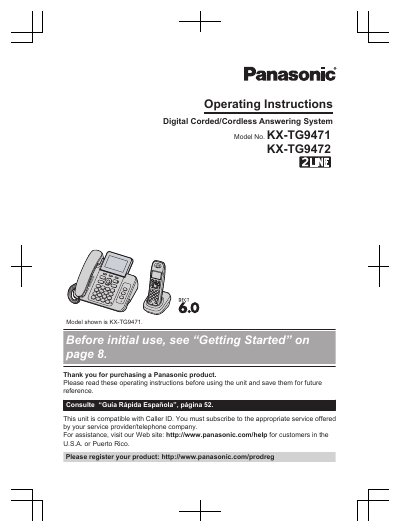 Panasonic KX-TG9471/KX-TG9472 Digital Corded/Cordless Answering System Operating Instructions
